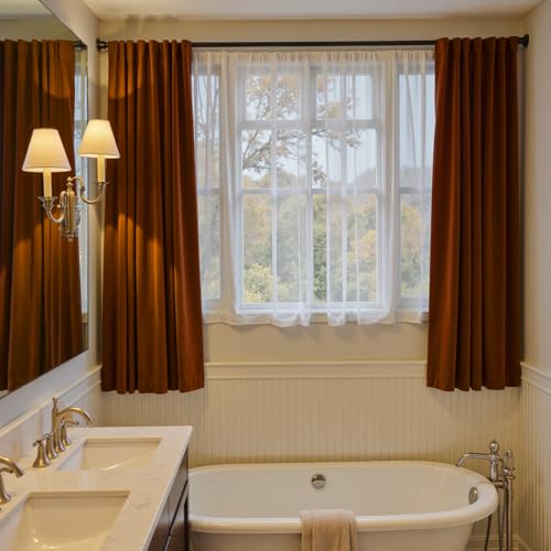 Image of Burnt Orange Velvet Curtains Warm Rod Pocket 52x72 Inch 2 Panels | Soft Velvet, Light Filtering, For Small Windows, Kitchens & Bathrooms, Light Shifting Texture, Elegant Drape, Luxury