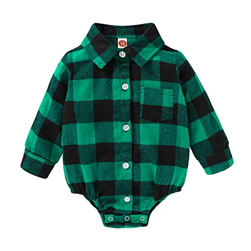 Image of HAPPYMA Newborn Baby Boy Girls Plaid Outfit Flannel Romper Tops Infant Long Sleeve Button Down Plaid Casual Bodysuit Clothes