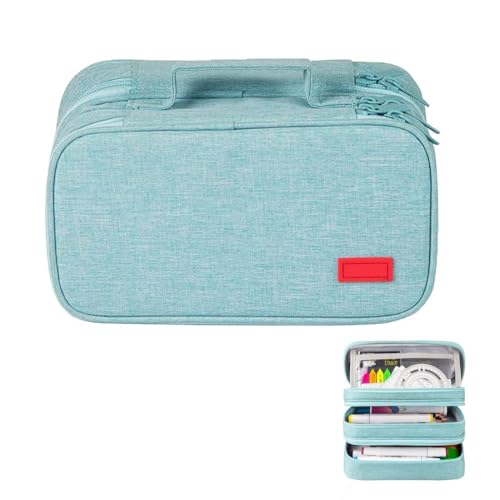 Image of Large Capacity Canvas Pencil Case With 3 Compartments - Light Blue | Portable Canvas Stationery Organizer With Double Zippers, Simple for College, School, Office, Girl, Boy, Men, Women, Adult