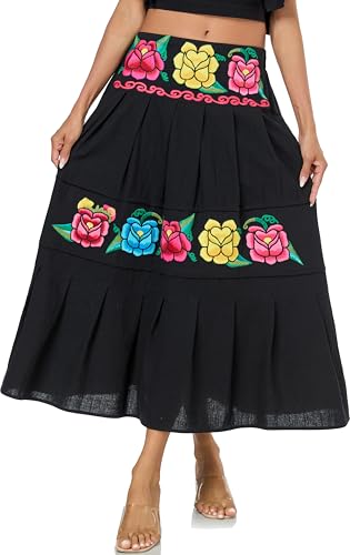 YZXDORWJ Mexican Skirts for Women Floral Embroidered Maxi Skirt Traditional Dress Fiesta Outfit