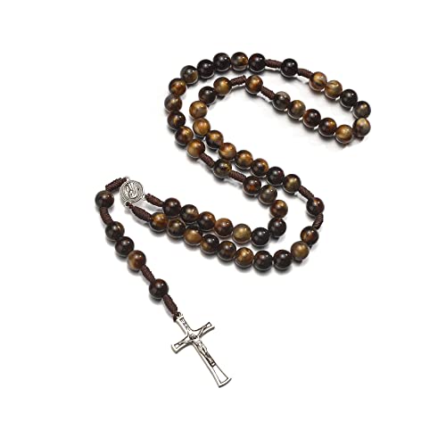 10mm Brown Beads Catholic Rosary Handmade Braided Rosaries with Curcifix Cross and Holy Mary Medal Amulet Rosary Beads Necklace for Women Men2