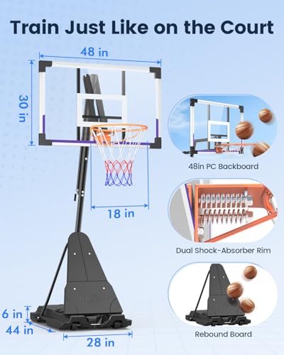 Image of Yohood Basketball Hoop Outdoor Portable 44 /48 Inch Backboard, 10ft Quickly Adjustable Basketball Goal System with Wheels for Court /Backyard /Driveway