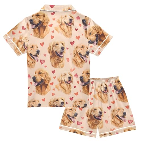 Golden Hair Love Pattern Summer Satin Pajama Set, Cute Button-Down Sleepwear Pj Set for Sleep Wears2