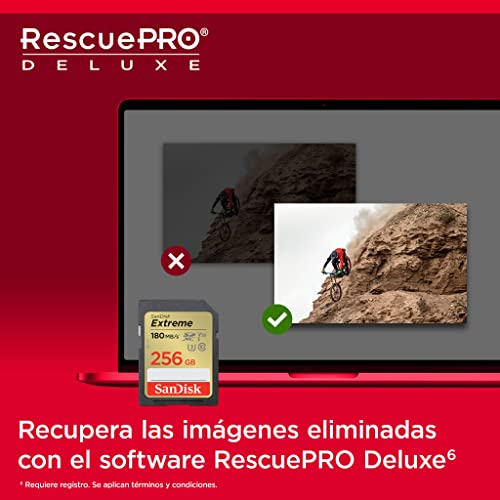 SanDisk Extreme SDXC Tarjeta SD 256 GB (SD Card UHS-I, V30, hasta 180 MB/s, Software de recuperación de datos RescuePRO Deluxe, SanDisk Quicklow Technologie, 4K UHD Videos, Class 10, U3