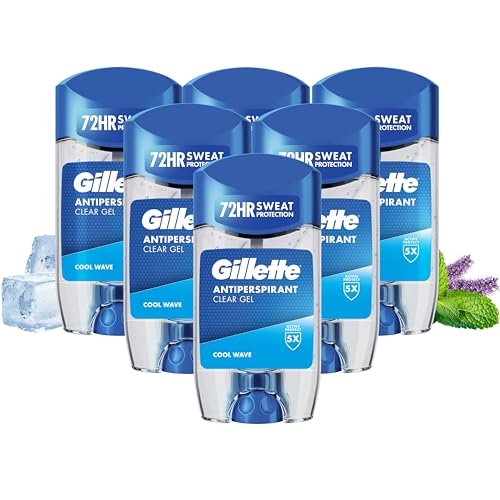 Gillette Cool Wave Antiperspirant Deodorant Roll On for Men Clear Gel Stick 6 x 70ml 72HR Sweat Protection Anti-White Marks