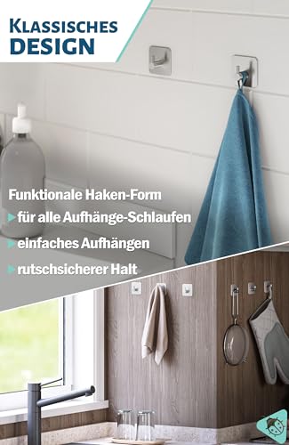 Menz Handtuchhalter ohne Bohren, 6 Stück - Edelstahl Badezimmer Handtuchhalter, wasserfeste Klebehaken, langlebige Haken fürs Bad, Haken selbstklebend, ideal als funktionale Handtuchhaken