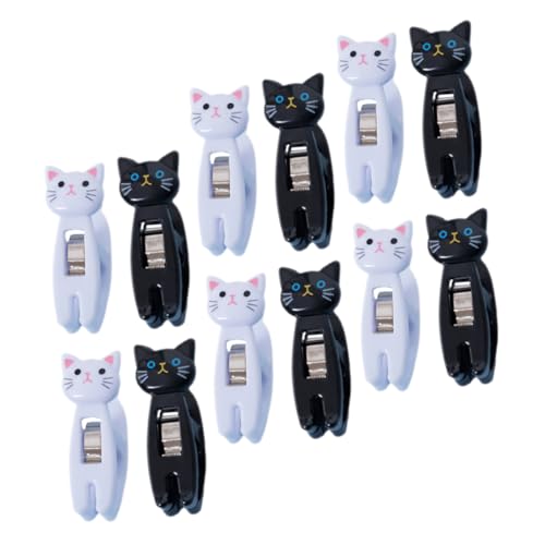 Parliky 12個 猫モチーフのかわいいプラスチックメモクリップ 黒白各入り 多機能で携帯便利 オフィスや家 パーティーでのメモや写真留めに