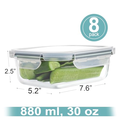 HOMBERKING 30oz 8 Pack Glass Meal Prep Containers with Lids, Food Storage Airtight Bento Boxes with Leak Proof Locking for Microwave, Oven, Freezer and Dishwasher (8 lids & 8 Containers) - Thumbnail 2
