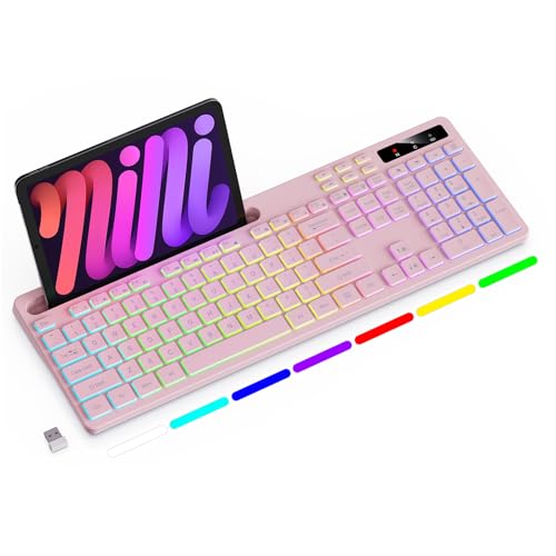 Image of Soueto Wireless Keyboard with 7-Color RGB Backlit, Full-Size Computer Keyboard with Phone Tablet Holder, 2.4G Rechargeable Gaming Keyboard with Light Up Keys, Compatible with Mac, Windows (Pink)