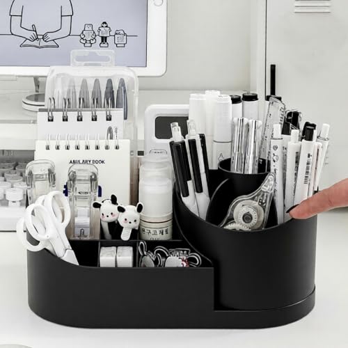 Image of Revolve 360 Degree Rotating Office Desk and Makeup Brush Organizer Stand,Multipurpose Organizer with 16 Compartments for Brushes,Pens,Stationary,Durable,No Installation Needed (360 - Black)