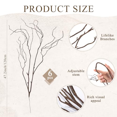 Image of Norme 6 Pcs 47.2 Inch Lifelike Curly Willow Branches for Vases Artificial Decorative Dried Twigs Tall Plastic Vine Bendable Stick for DIY Plant Crafts Farmhouse Wedding Indoor Home Hotel Decor(Brown)