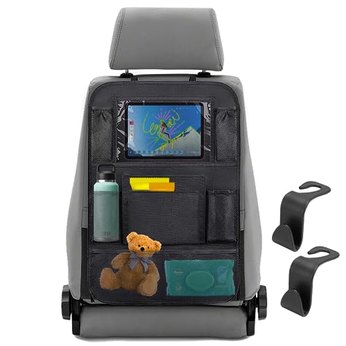 OUKAM Pack Organizador Asiento de Coche para Niños+2 Colgadores para Asiento-Protector Asiento Trasero con bolsillos-Porta Tablet para Accesorios de Coche
