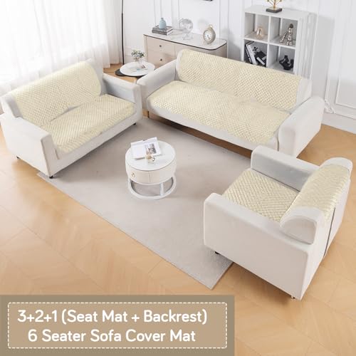 Image of HOKIPO Quilted Sofa Cover 6 Seater Set - Washable 3+2+1 Sofa Panel for Seat & Back | 'Quilt Classic' Beige (IN-927+926+925 * 2-Beige)