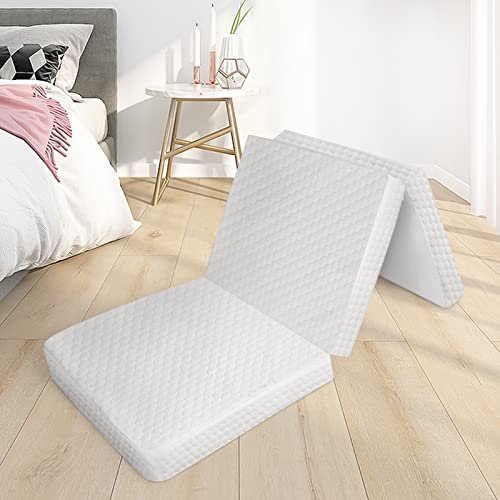 Tri Folding Mattress Topper, Foldable 4 Inch Foam Camping Bed, Folding Portable Bed For Travel, Van, Guest, Cot Mattress Pad With Soft Bamboo Waterproof Washable Cover, Single Size 75"X25"X4" #TOP26