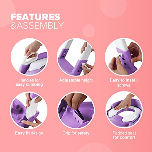 قاعدة تواليت بسلم وقابلة للتعديل للتدريب على الحمام مزودة بمقبض وتصميم وسادة ناعمة غير قابلة للانزلاق وموفرة للمساحة وقابلة للطي وسهلة التجميع مع واقي من الرذاذ للأطفال الصغار من الجنسين من كيدولا