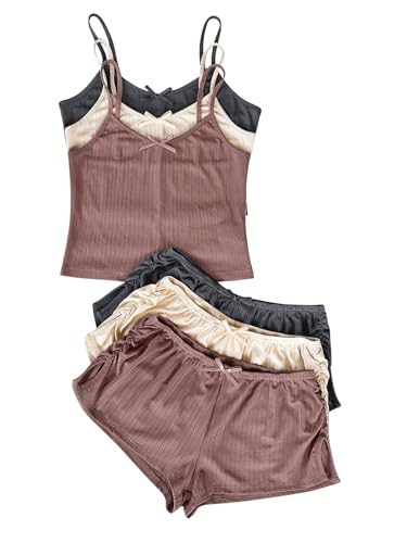 Women's 6 Piece Knitted Pajama Set Sleeveless Crop Cami Top and Slit Ruched Shorts Pj Set Bow Lounge Set Sleepwear