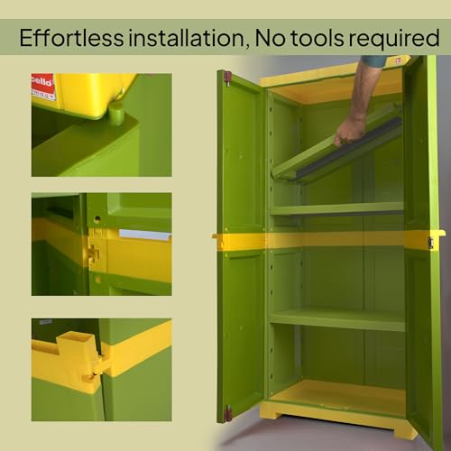 Image of Cello Novelty Big Bookshelf, Green & Yellow | 2 Dustproof Doors | Space Saving Cupboard | Plastic Book Shelf | Multipurpose Book Shelf for Home, Office | Book Organizer for Library