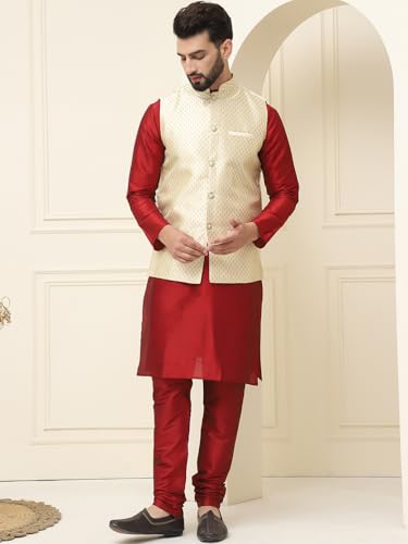 Image of SOJANYA (Since 1958 Men's Silk Blend Kurta Pyjama With Self Design Nehru Jacket