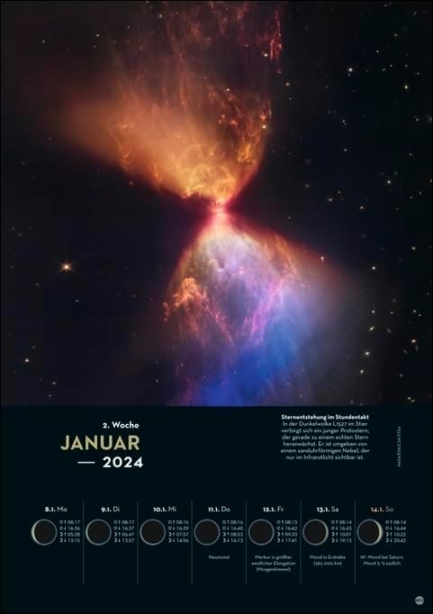 Kosmos Himmelsjahr Wochenkalender 2024. Ein Best-of faszinierender Aufnahmen aus dem Sternenhimmel: Foto-Kalender mit Mondphasen und weiteren astronomischen Daten rund um Sonne, Weltall und Planeten