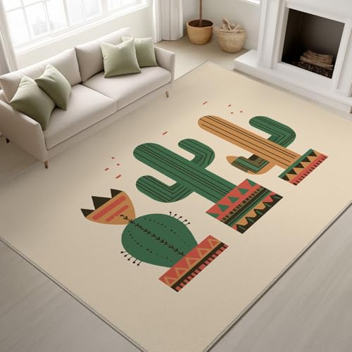 Alfombra Salon 140 x 200 cm, Alfombra Dormitorio Matrimonio Carpet Rugs for Living Room Alfombras Lavables, Estilo Dibujo Animado Cactus Comedor Habitacion, Amarillo-Blanco