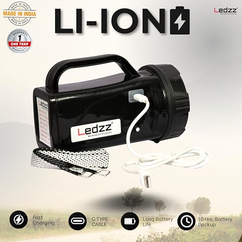 Image of Heavy-Duty Rechargeable LED Torch - 6000mAh Lithium Ion Battery, 75W Super Bright Long Range Flashlight with Side LED Work Light - 10 Hour Backup, Type-C Charging, 12-Month Warranty (Black)