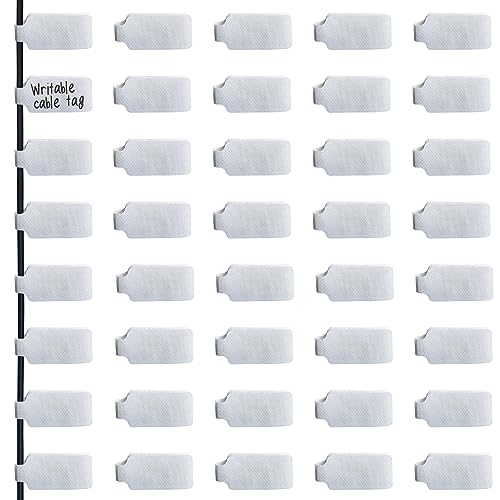 Mr-Label – 40 Pcs 0.78" x 3.54" Etiquetas de Cable con Velcro – Etiquetas para Organización de Cables – Nylon Reforzado para Escritura Clara - Blanco