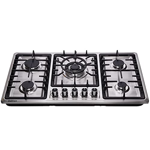 Placa de cocina de gas DT5809 de 34 pulgadas de acero inoxidable integrado con 5 quemadores de gas LPG/NG convertible doble placa de gas de combustible