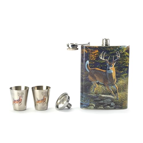 River's Edge Deer Design Stainless Steel Flask with Loading Funnel and Shot Glass, 988
