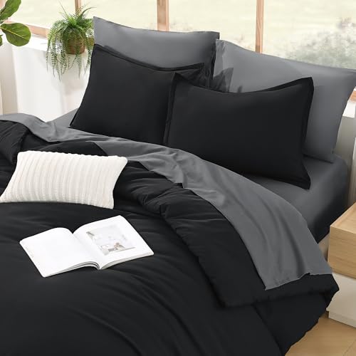Litanika Comforter California King Size Set Black Grey - 7 Pieces Bed in a Bag California King Bedding Comforter Sets, Plain Lightweight Bed Set with Comforter, Sheets, Pillowcases & Shams