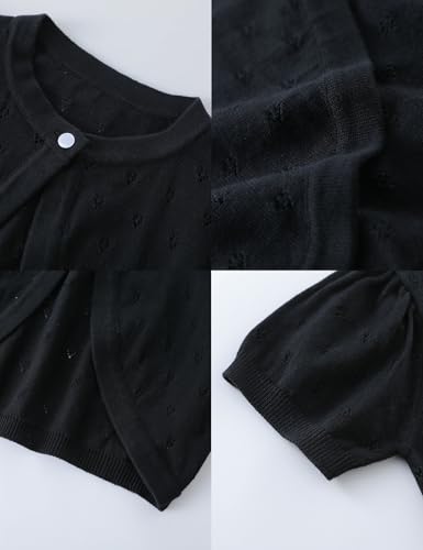 Image of Black Girls Bolero Shrug, Girls Cardigan Size 10 Short Sleeve, Kids Knit Sweater, Button Cover Up Cropped Tops