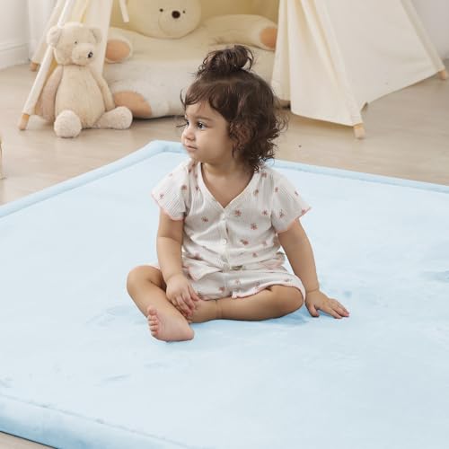Image of 1.5 inch Thick Padded Baby Play Mat for Floor Tummy Time, Pro Soft Foam Activity Playroom Playmats, Easy Care with Non-Slip Safe for Infant Toddler Kids Crawling 59 inchx 71 inch (Blue)