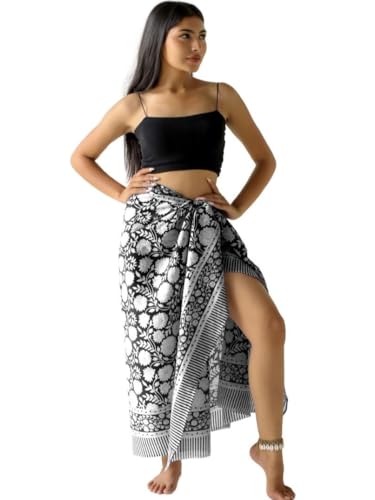 100% Cotton Sarong Coverup for Women Indian Hand Block Print Swimsuit Pareo Wrap Skirt Beach Bikini Cover Up Long (73" x 43")2