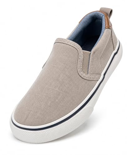 Image of waddle wonder Toddler Slip-On Shoes for Boys & Girls, Canvas Loafers with Elastic Gore, Non-Slip Rubber Sole, Casual School Walking Sneakers, Khaki-Gray, Toddler Sizes 6-12