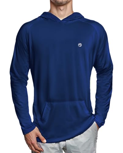 Baitium Mens Dry-Fit UPF 50+ Sun Shirt Hooded, Fishing Shirts for Men Long Sleeve, UV Sun Protection Apparel, Quick Dry Moisure Wicking Rash Guard Shirts-Blue- X-Large