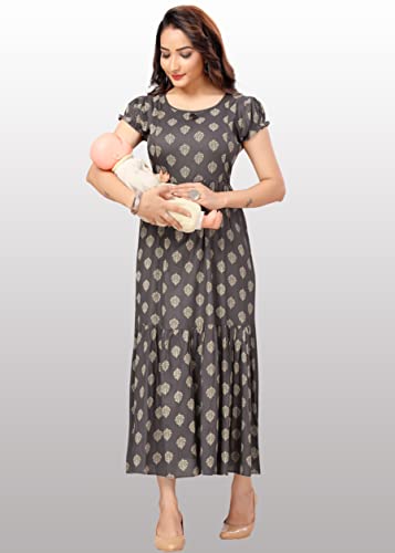 Image of CEE 18 Women's Cotton A-Line Maternity Feeding Kurti with Zippers (Evening Grey, Large)