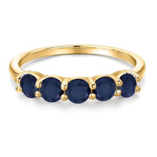 Gem Stone King 18K Yellow Gold Plated Silver 4MM Round Gemstone Birthstone 5-Stone Wedding Band Ring | Five Stone Engagement Anniversary Promise Ring For Women | Available in Size 5, 6, 7, 8, 93