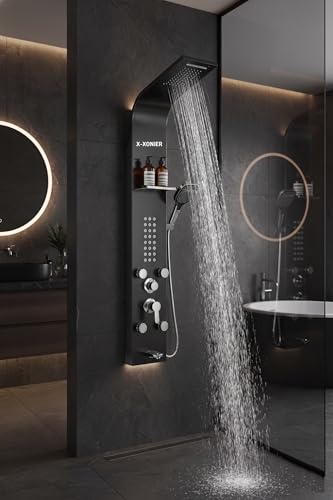 Image of X-XONIER 304 Grade Stainless Steel 6 In 1 Shower panel and All in One Sink Combo Multifunction Handheld Mist Spray Temperature Display (black)