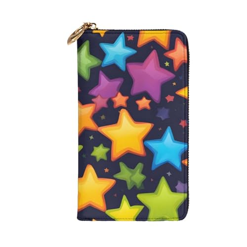 Colorful Rainbow Stars Prints Leather Long Clutch Wallet for Fashionable Girls and Women - Durable, Stylish, and Functional, Black, One Size2
