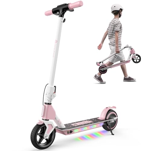 isinwheel Electric Scooter for Kids Ages 6-14, 200W/150W Foldable Kids Electric Scooter with 3 Speeds (5/8/12 Mph), LED Display, Colorful Lights, Gift for Kid Pink