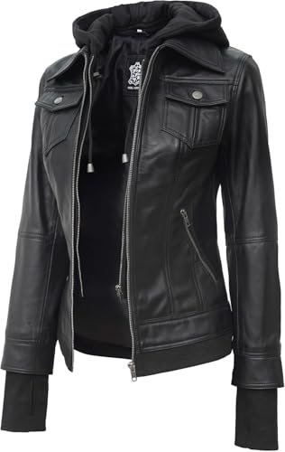 Blingsoul Leather Bomber Jacket Women - Real Lambskin Womens Leather Jackets with Removable Hood
