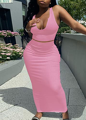 Image of Women Sexy Two Piece Skirt Outfits Long Sleeve /Sleeveless V Neck Bodycon Ribbed Knitted Maxi Club Party Dress