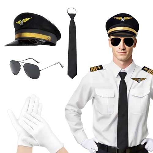 Maazusa Pilot Costume for Men Airplane Captain Costumes Set Long Sleeve Pilot Shirts Hat Sunglasses Tie Gloves Aviator Party Dess Up