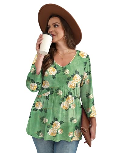 Image of OFEEFAN 3 /4 Length Sleeve Womens Tops 2026 Blouses for Women Dressy Casual Fashion Clothing V Neck Babydoll Tops Fall Outfits