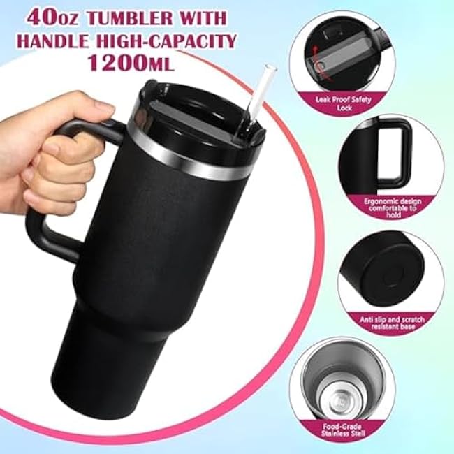 40oz Tumbler with Handle Straw Lid, Stainless Steel Vacuum Insulated Reusable Coffee Cup Keep Cold Gym Travel Mug for Iced, Gifts for Women Men Lovers, Car Holder Friendly, Black