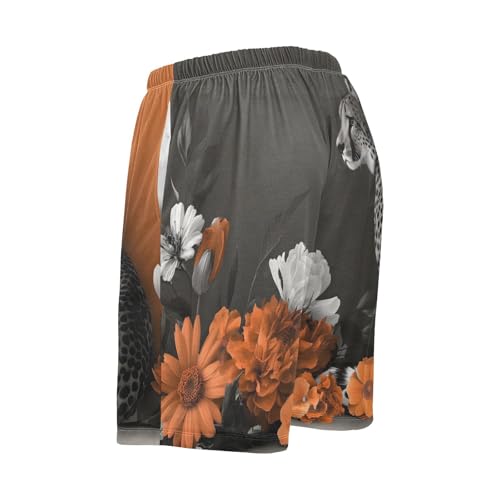 Mens Sleep Shorts Cheetah Floral, Elastic Pajama Pants Sleepwear with Pockets S3