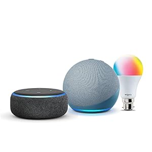 Echo Dot (3rd Gen, Black) and Echo Dot (4th Gen, Blue) combo with Wipro 9W LED smart Bulb