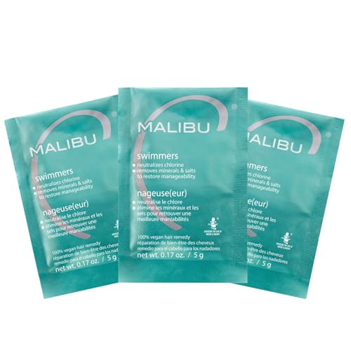 Malibu C Swimmers Wellness Remedy & After Pool Hair Care - Restoring & Hydrating Swim Treatment with Vitamin C Complex - Protects Against Discoloration from Chlorine Salt Water & Build Up (3 Packets)
