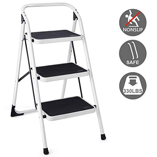 Goplus 3 Step Ladder, Folding Heavy Duty Step Stool Lightweight Steel Ladder with Handgrip and Wide Anti-Slip Platform for Kitchen Shop, 340lbs Capacity (Black)