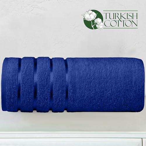 Image of Elegant Comfort 100% Turkish Cotton 4 Lines Viscose Stripe Jumbo Bath Towel - Hotel Spa Quality Extra Large 35 x 70 Inch Bath Towel Ultra Soft, Super Absorbent Quick Dry Large Bath Towel, Royal Blue