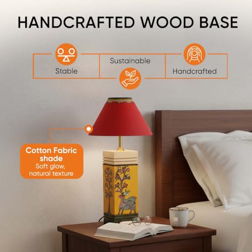 Image of AAKRITI ART CREATIONS MDF Board Table Lamp for Study Room, Bedroom & Living Room Decoration | Madhubani Tree & Deer Motif Bedside Lamp with Cotton Fabric Shade | Aesthetic Night Lamp